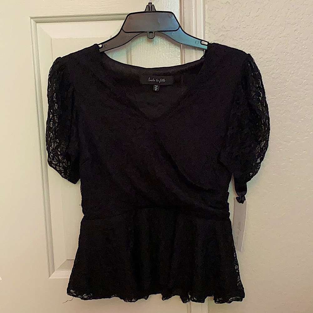Small black lace blouse, flare hem